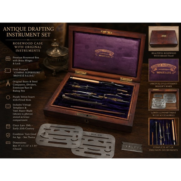 Compas Superieurs Other - Antique Compas Superieurs Brevete SGDG Drafting Set Rosewood Case French Brass